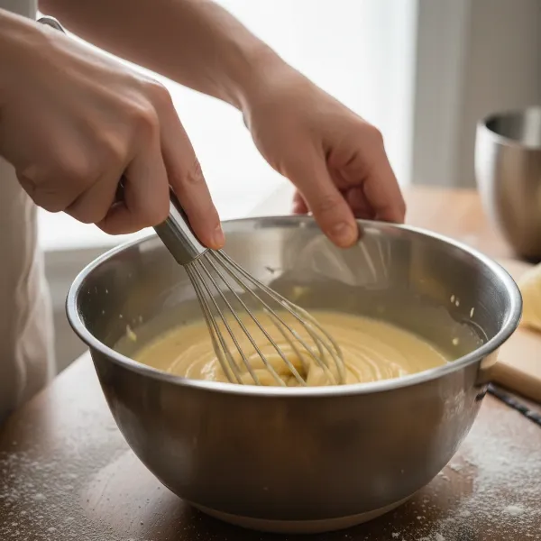 A baker using a premium stainless steel whisk in a mixing bowl, creating a smooth batter with expertise and precision.