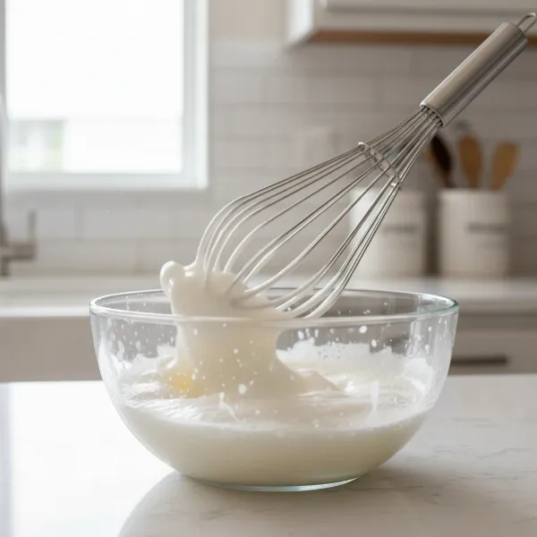 A stainless steel balloon whisk in a glass bowl, actively whipping egg whites into a foamy consistency, showing air incorporation.