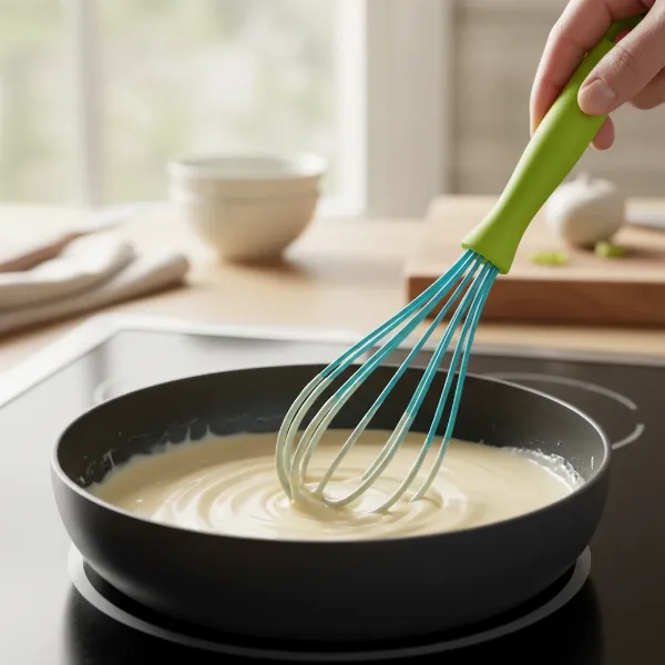 Chef Craft Premium Silicone Whisk in use, gently stirring sauce in a non-stick pan