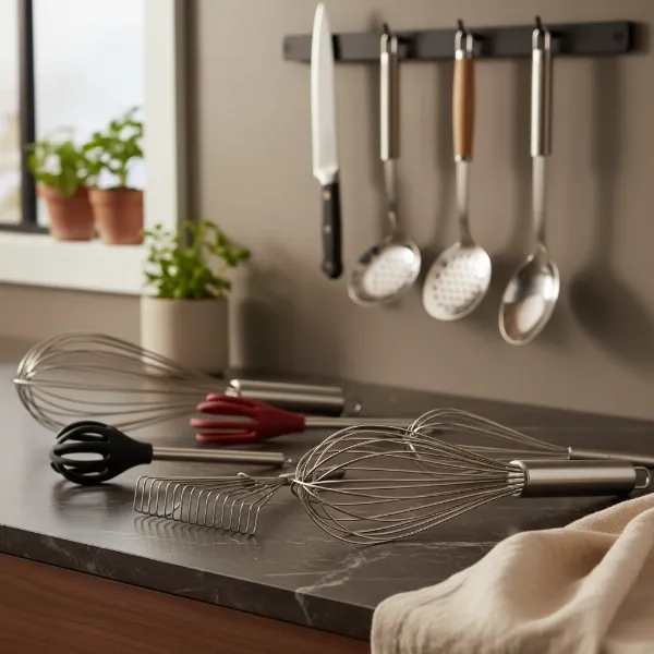 A collection of various whisks (balloon, French, flat) laid out on a clean kitchen counter, with the Mercer Culinary Piano Whisk prominently displayed. Tools for cooking surround them.