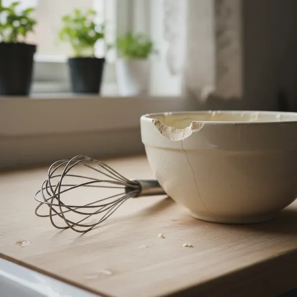 A close-up image showing a bent wire whisk and a chipped ceramic bowl, illustrating damage from improper use.