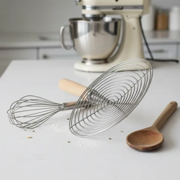 A Danish dough whisk next to a traditional balloon whisk, a wooden spoon, and a stand mixer to show different mixing tools