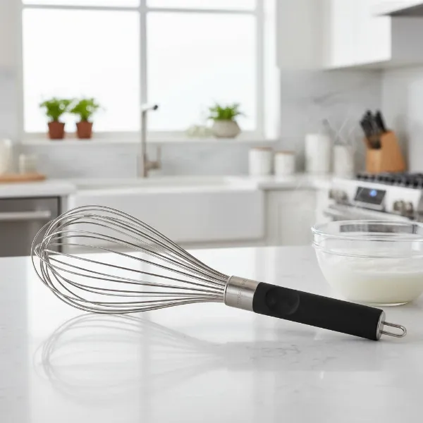 A professional-grade stainless steel balloon whisk by Farberware, highlighting its ergonomic handle and sturdy wires for odorless performance.