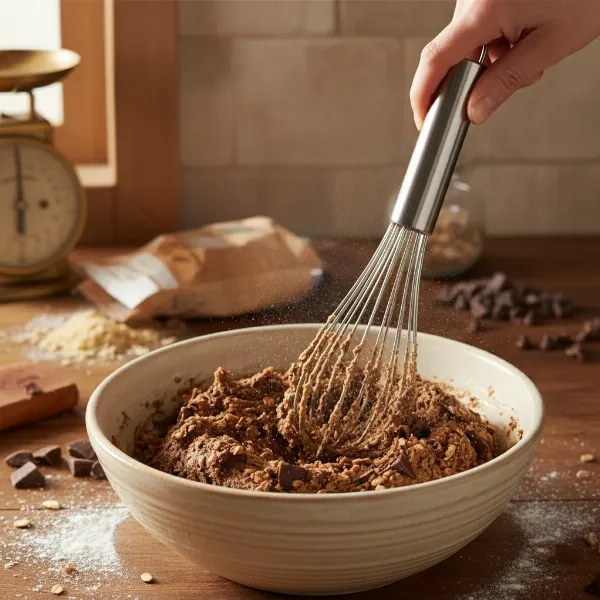 A strong stainless steel heavy-duty whisk mixing a thick chocolate chip cookie dough in a ceramic bowl. Professional kitchen style, high contrast.