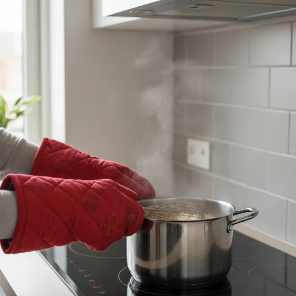 A person wearing oven mitts safely whisking a hot liquid in a high-sided pot on a clean stove.