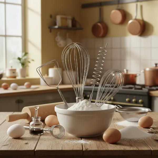 A collection of various kitchen whisks, including balloon, French, and flat whisks, arranged on a rustic wooden table with baking ingredients. 