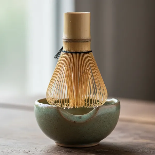 A bamboo chasen resting on a ceramic whisk holder (kusenaoshi) after being used, with water droplets visible, indicating recent rinse.