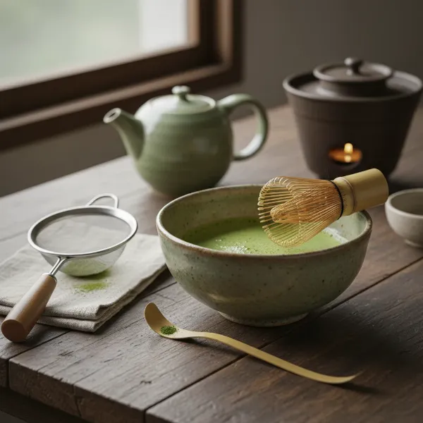 A collection of essential matcha whisking tools including a chasen, chawan, and sifter, arranged neatly.