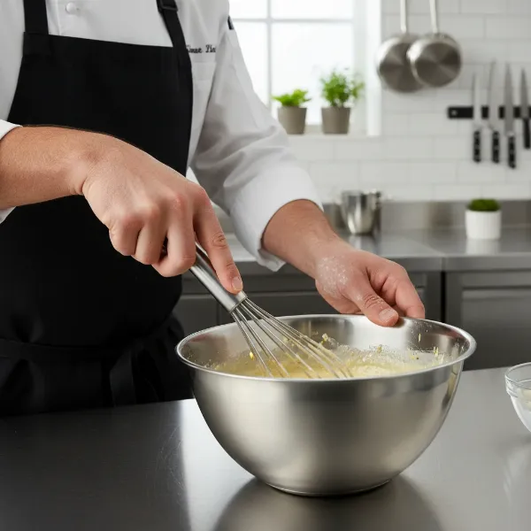 A professional chef using a Mercer Culinary Piano Whisk to vigorously mix ingredients in a stainless steel bowl, emphasizing fluid motion and precision.