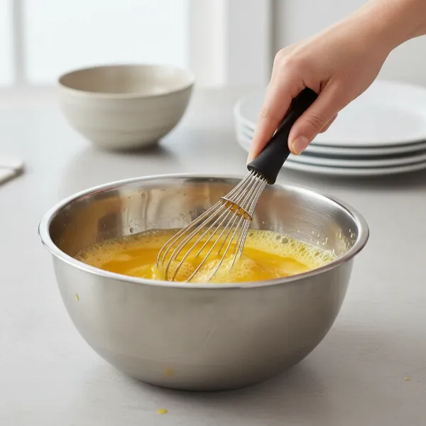 A close-up of an OXO Good Grips 11-Inch Balloon Whisk actively whipping eggs in a stainless steel bowl, showcasing its ergonomic handle and wire design.