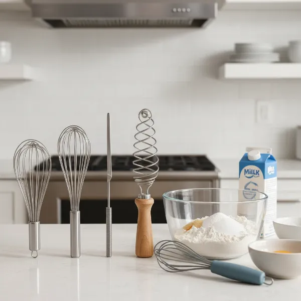 An assortment of whisks (balloon, French, dough, silicone) laid out on a kitchen counter with a bowl of pancake batter.