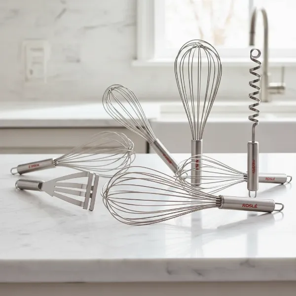 A collection of various Rosle stainless steel whisks, showcasing different sizes and types like balloon, flat, and spiral whisks, on a clean kitchen counter. High-quality, professional photography style, bright lighting.