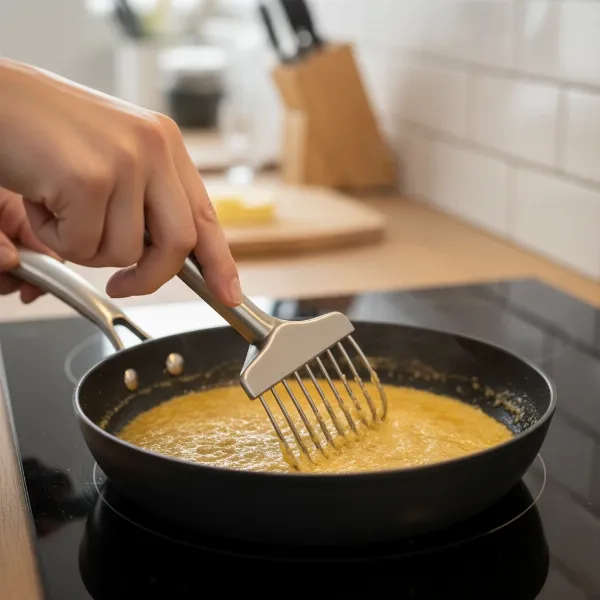 A person using a flat roux whisk to prepare a roux in a shallow pan, stirring butter and flour together.