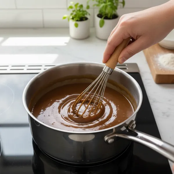 A person demonstrating proper whisking technique with a roux whisk in a saucepan of gravy, showing fluid motion.