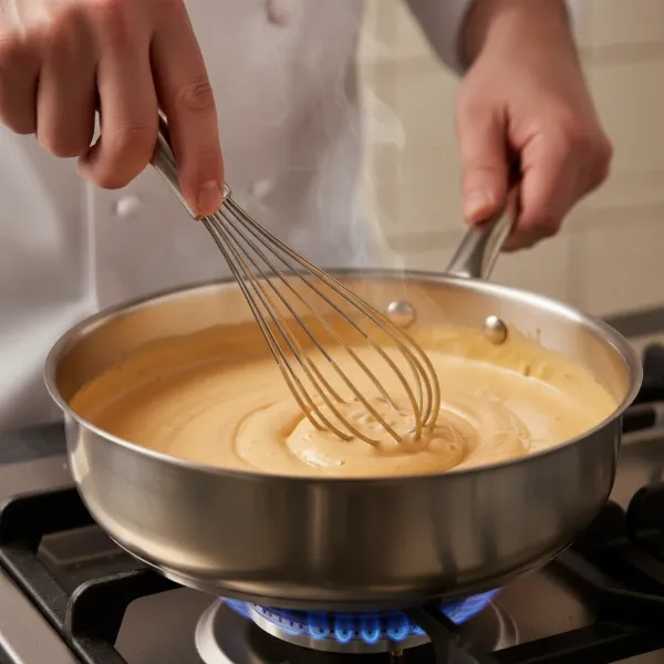 A chef using a thick wire French whisk to emulsify a rich sauce in a saucepan.