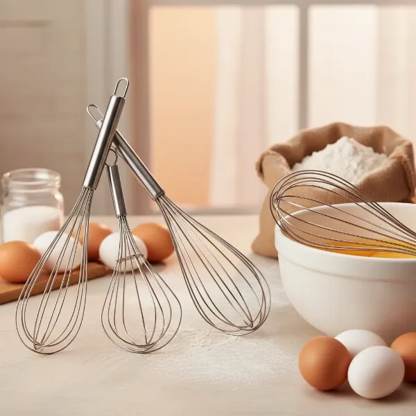A collection of essential kitchen whisks, showcasing different types like French, balloon, and flat whisks for versatile cooking tasks.
