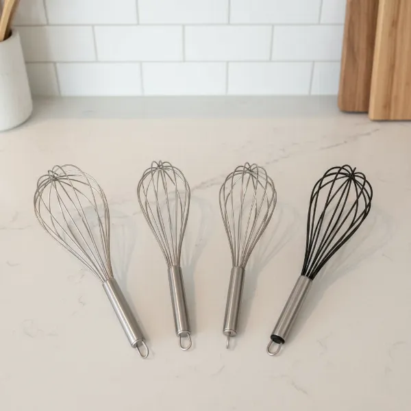A selection of different whisks (piano, French, flat, silicone) neatly arranged on a modern kitchen counter.