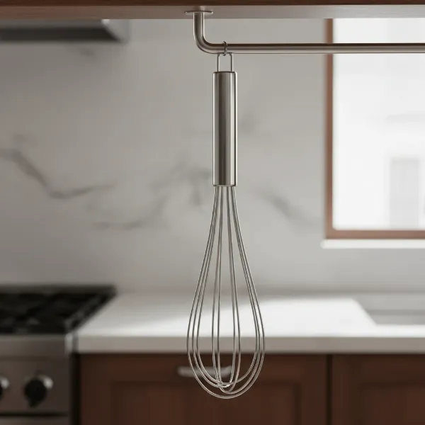 A clean stainless steel whisk hanging on a hook, with a blurry background of a tidy kitchen.
