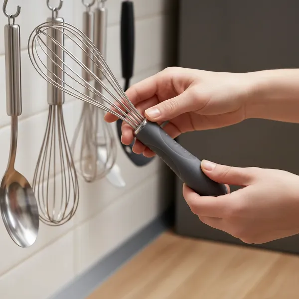 A person thoughtfully selecting a whisk from a rack, demonstrating key factors like handle comfort and whisk type for cooking.