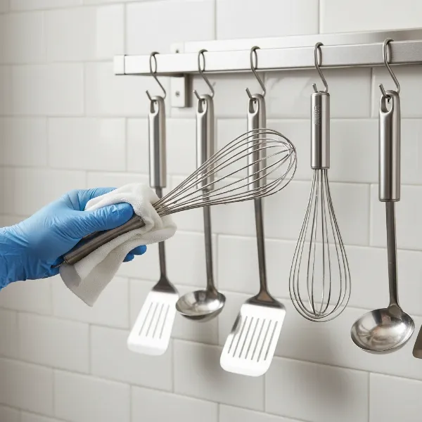 A clean Winco French whip hanging on a kitchen utensil rack, with a hand wiping it down, illustrating proper care and storage.
