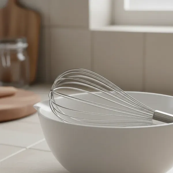 A modern stainless steel balloon whisk gently resting in a ceramic mixing bowl, illustrating its presence in the kitchen.