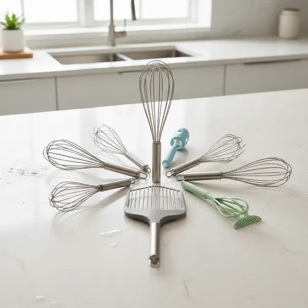 A collection of various whisks in a kitchen setting, highlighting different types and materials essential for culinary tasks.