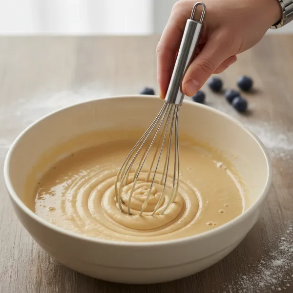 A hand using a balloon whisk to gently mix pancake batter in a ceramic bowl, showing a smooth consistency with a few small, natural lumps.
