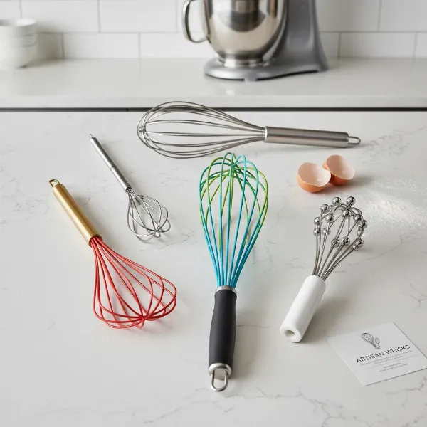 A beautifully arranged premium whisk set showcasing various materials like stainless steel and silicone, highlighting ergonomic handles.