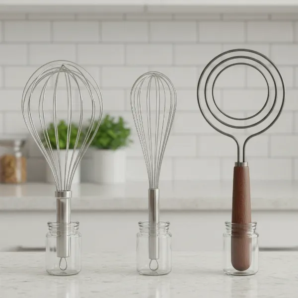 A visual comparison of a balloon whisk, a French whisk, and a dough whisk, highlighting their differences.