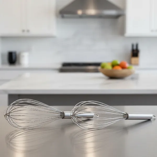 A close-up comparison of thin piano whisk wires and thicker French whisk wires demonstrating their different gauges and flexibility.