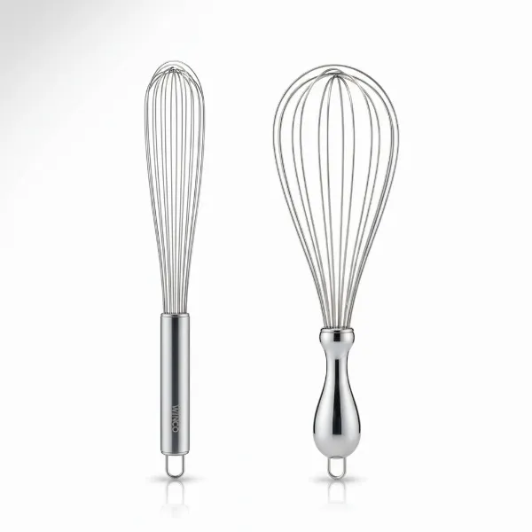 A side-by-side comparison of a Winco French whisk and a standard balloon whisk, clearly illustrating their distinct shapes and wire configurations.